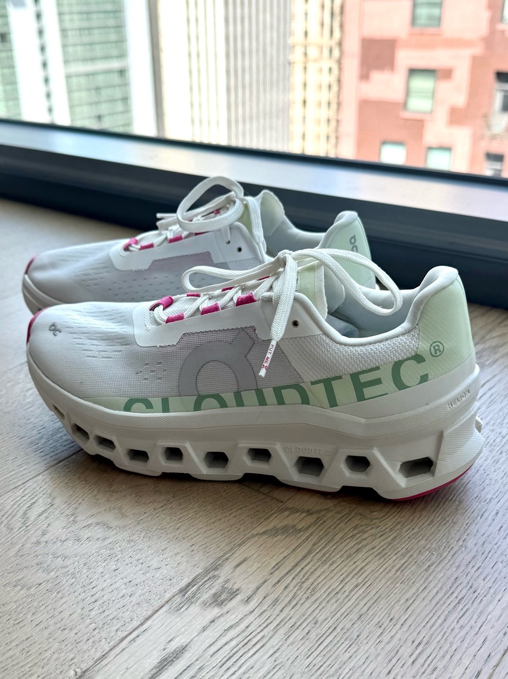 908 On Running Cloudmonster Running Shoes White Lima Green Pink Women 9